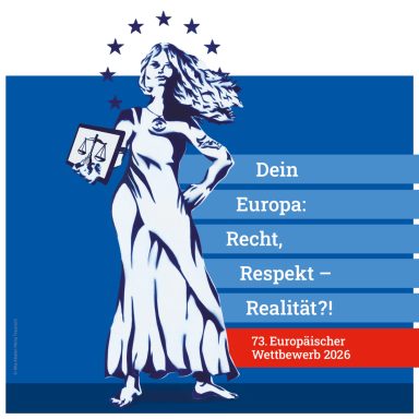 Frau mit Waage, Sterne im Hintergrund, Schriftzug zu Europa und Recht.